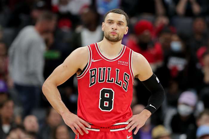 Chicago Bulls guard Zach LaVine looks on during a game.
